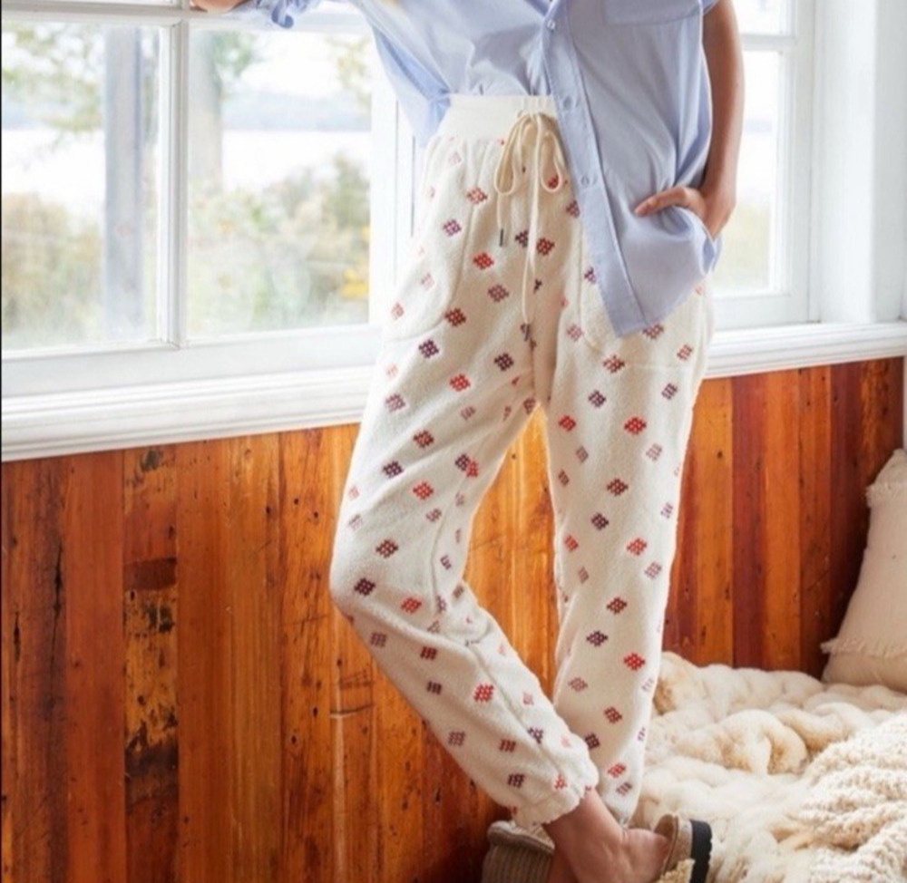 Daily Practice Anthropologie Fleece Embroidered Joggers Lounge Pants PJs Size XS